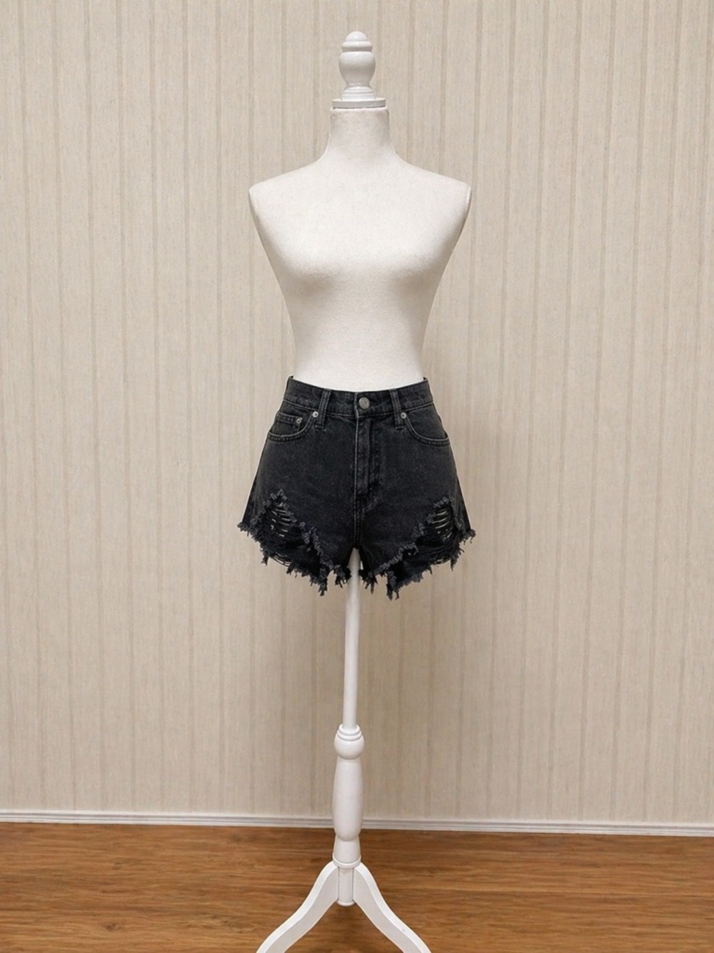 aerie Black High-Rise Distressed Denim Shorts